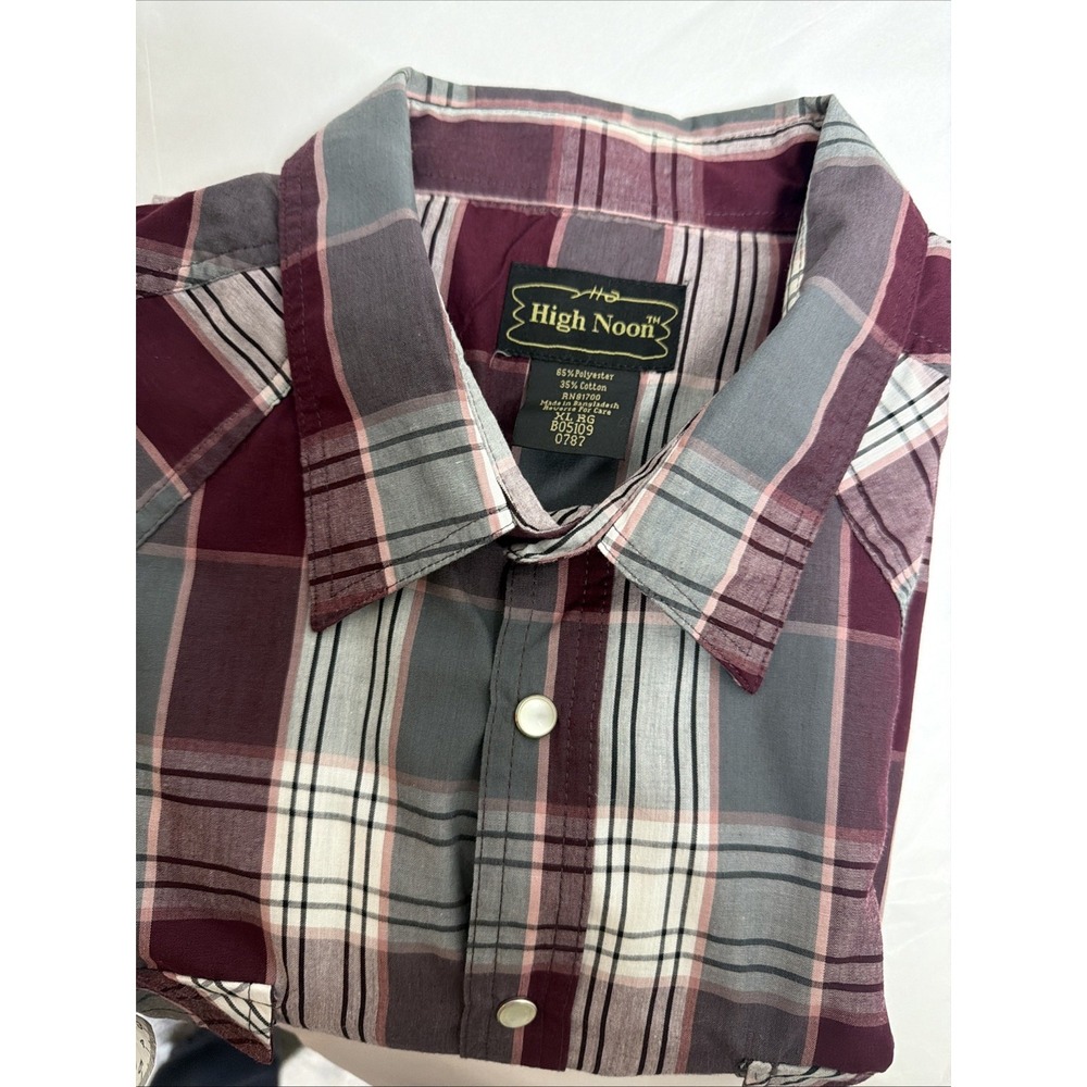 High Noon Pearl Snap Shirt Western Plaid Mens XL Mauve Grays Pockets Men's Colla